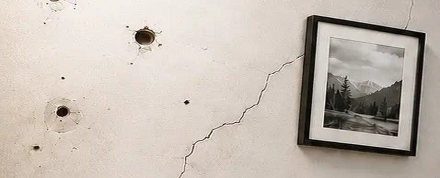 Pared con huecos de clavos y una grieta